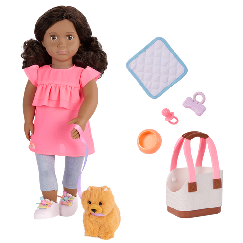 Our Generation 18-inch Doll Ayanna and her pet dog Goldie and dog accessories