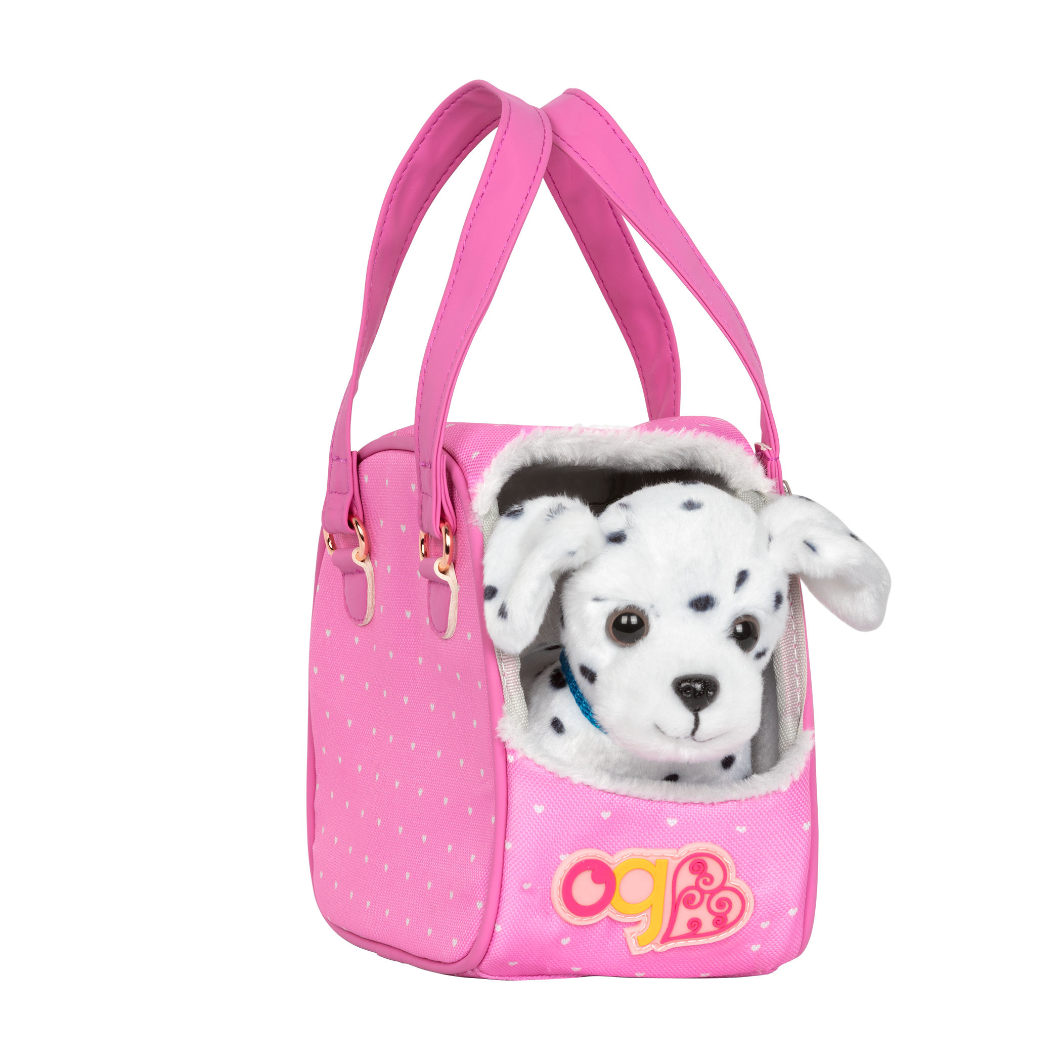Dalmatian dog plushie in pet carrier