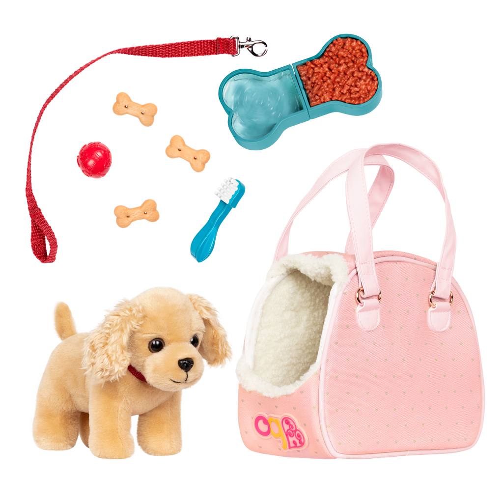 Cocker spaniel dog plushie in pet carrier