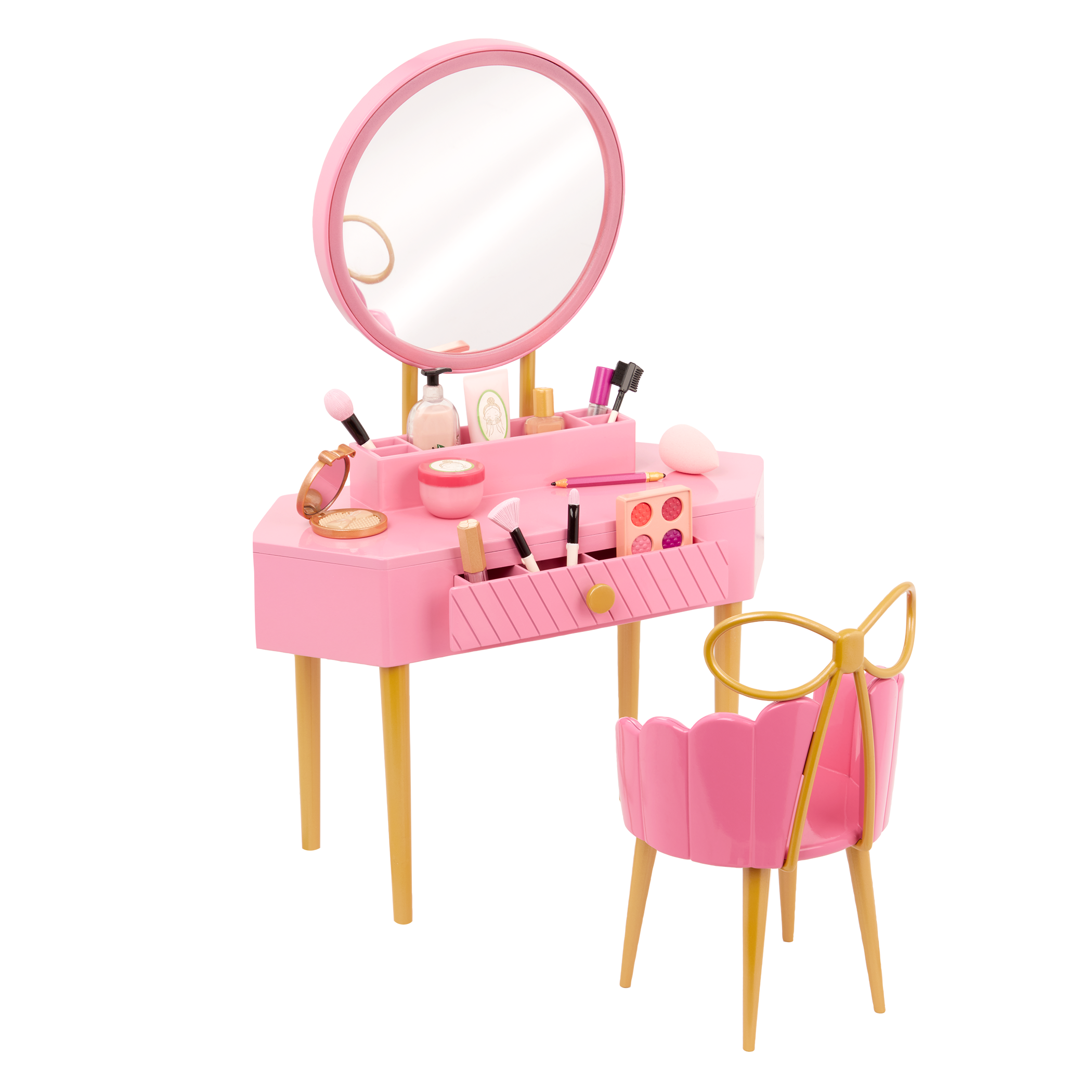 Our Generation Fabulous Fun Vanity Set for 18-inch Dolls including vanity table and chair, makeup and skin care