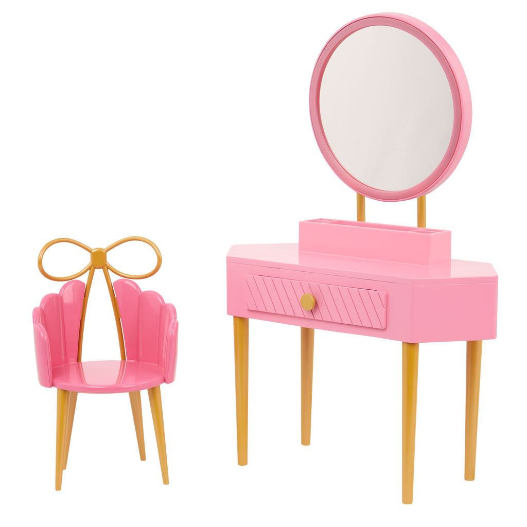 Our Generation Fabulous Fun Vanity Set for 18-inch Dolls including vanity table and chair, makeup and skin care