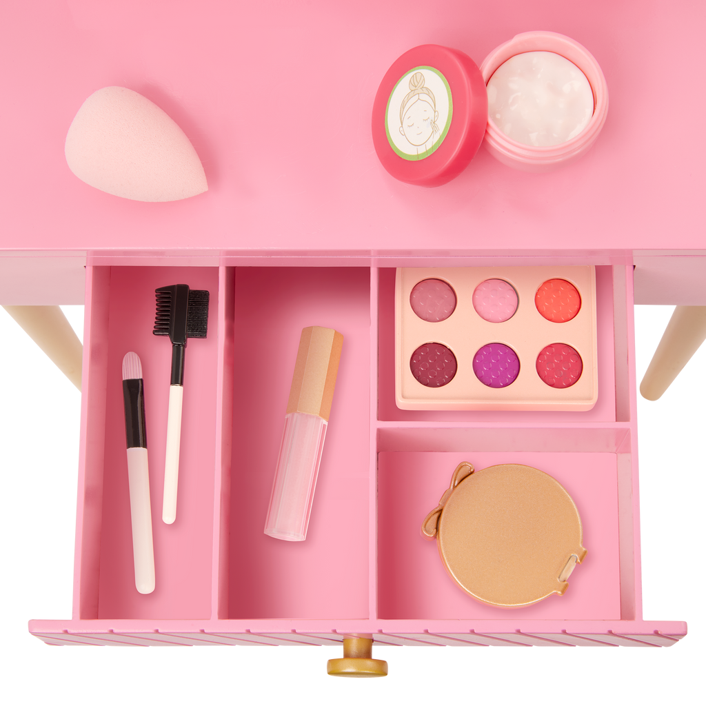 Our Generation Fabulous Fun Vanity Set for 18-inch Dolls including vanity table and chair, makeup and skin care