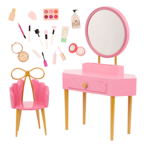 Our Generation Fabulous Fun Vanity Set for 18-inch Dolls including vanity table and chair, makeup and skin care