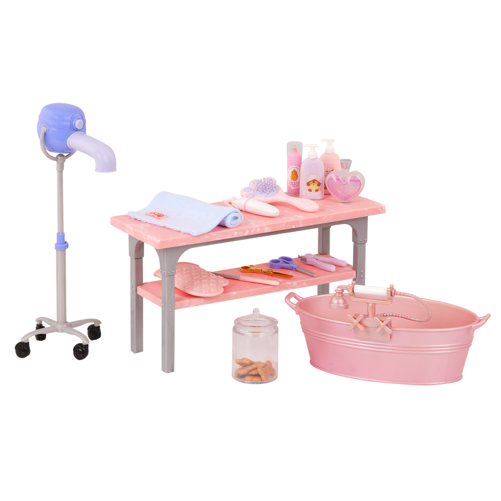 Our Generation Scrub and Style Pet Grooming Kit for 18-inch dolls including table, dryer, wash basin, dog treats and bath and grooming items