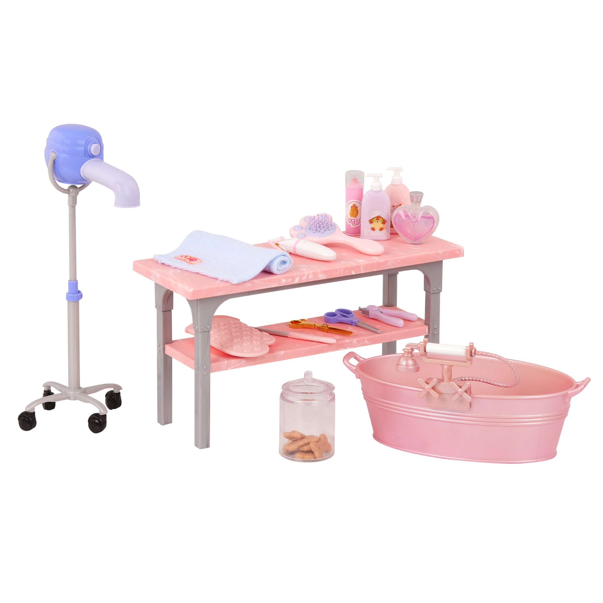Our Generation Scrub and Style Pet Grooming Kit for 18-inch dolls including table, dryer, wash basin, dog treats and bath and grooming items