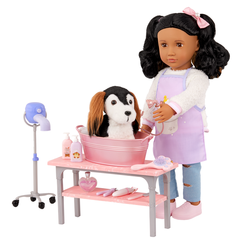Our Generation Scrub and Style Pet Grooming Kit for 18-inch dolls including table, dryer, wash basin, dog treats and bath and grooming items