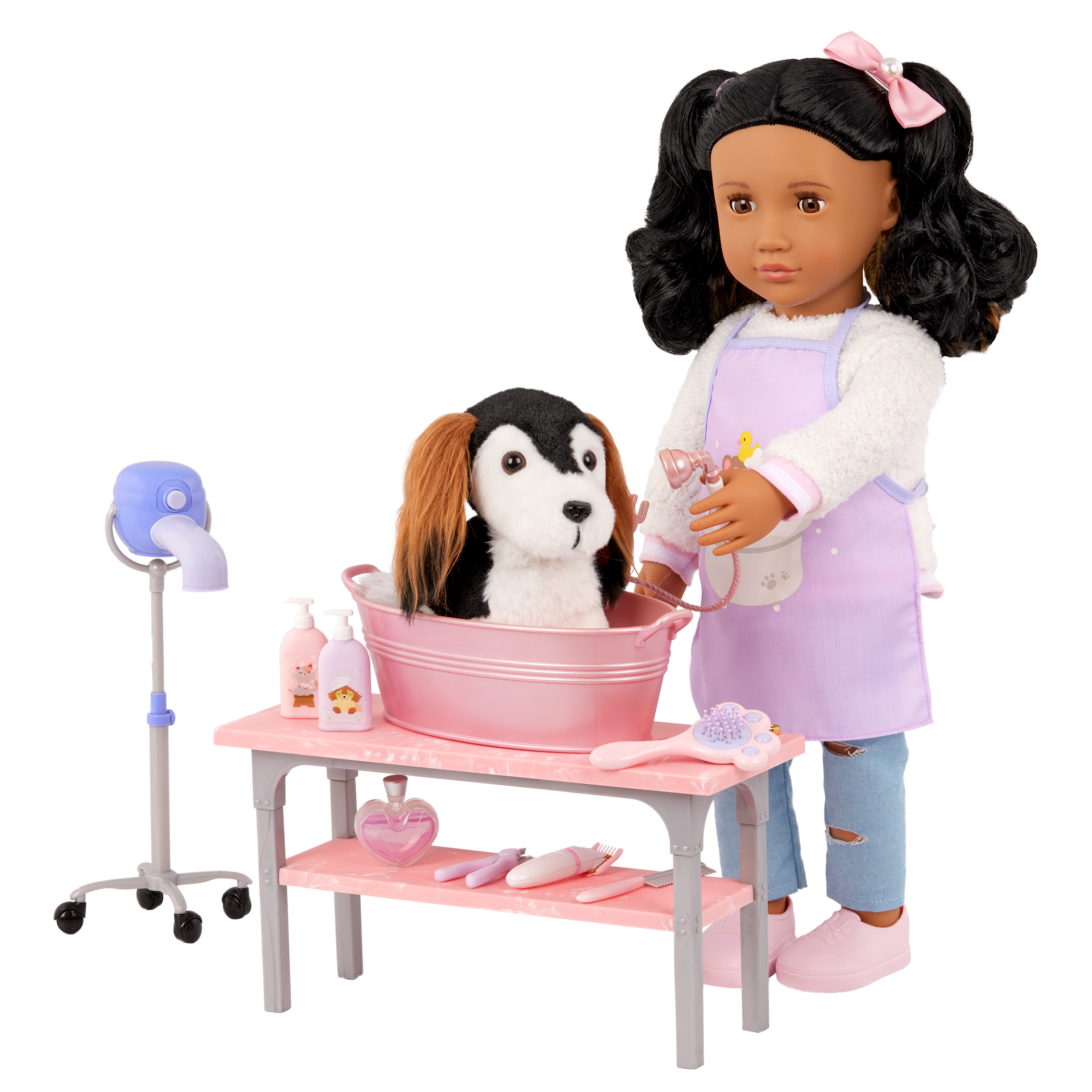 Our Generation Scrub and Style Pet Grooming Kit for 18-inch dolls including table, dryer, wash basin, dog treats and bath and grooming items