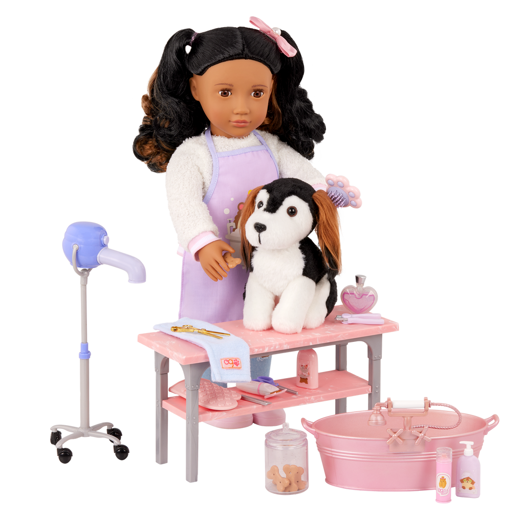 Our Generation Scrub and Style Pet Grooming Kit for 18-inch dolls including table, dryer, wash basin, dog treats and bath and grooming items
