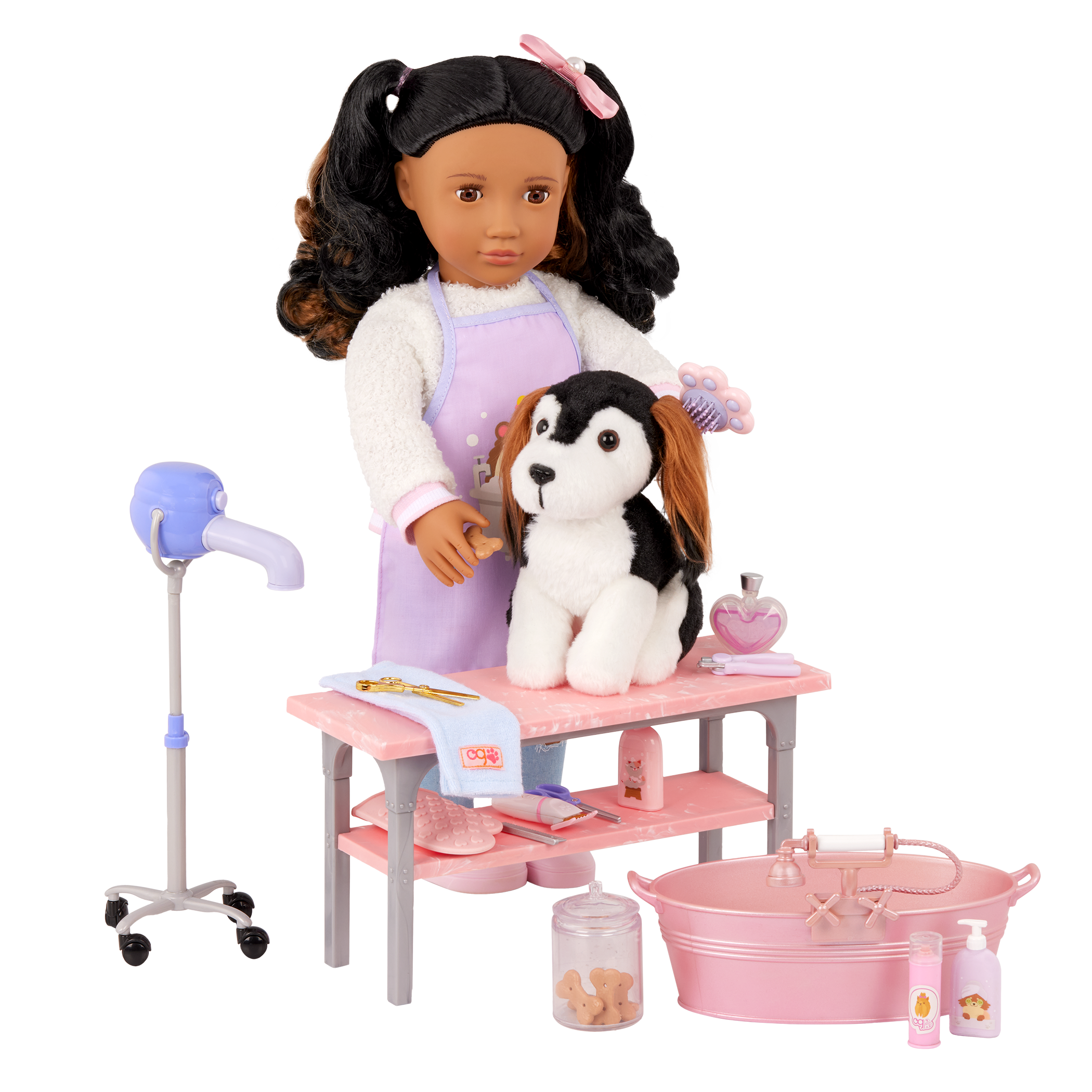 Our Generation Scrub and Style Pet Grooming Kit for 18-inch dolls including table, dryer, wash basin, dog treats and bath and grooming items