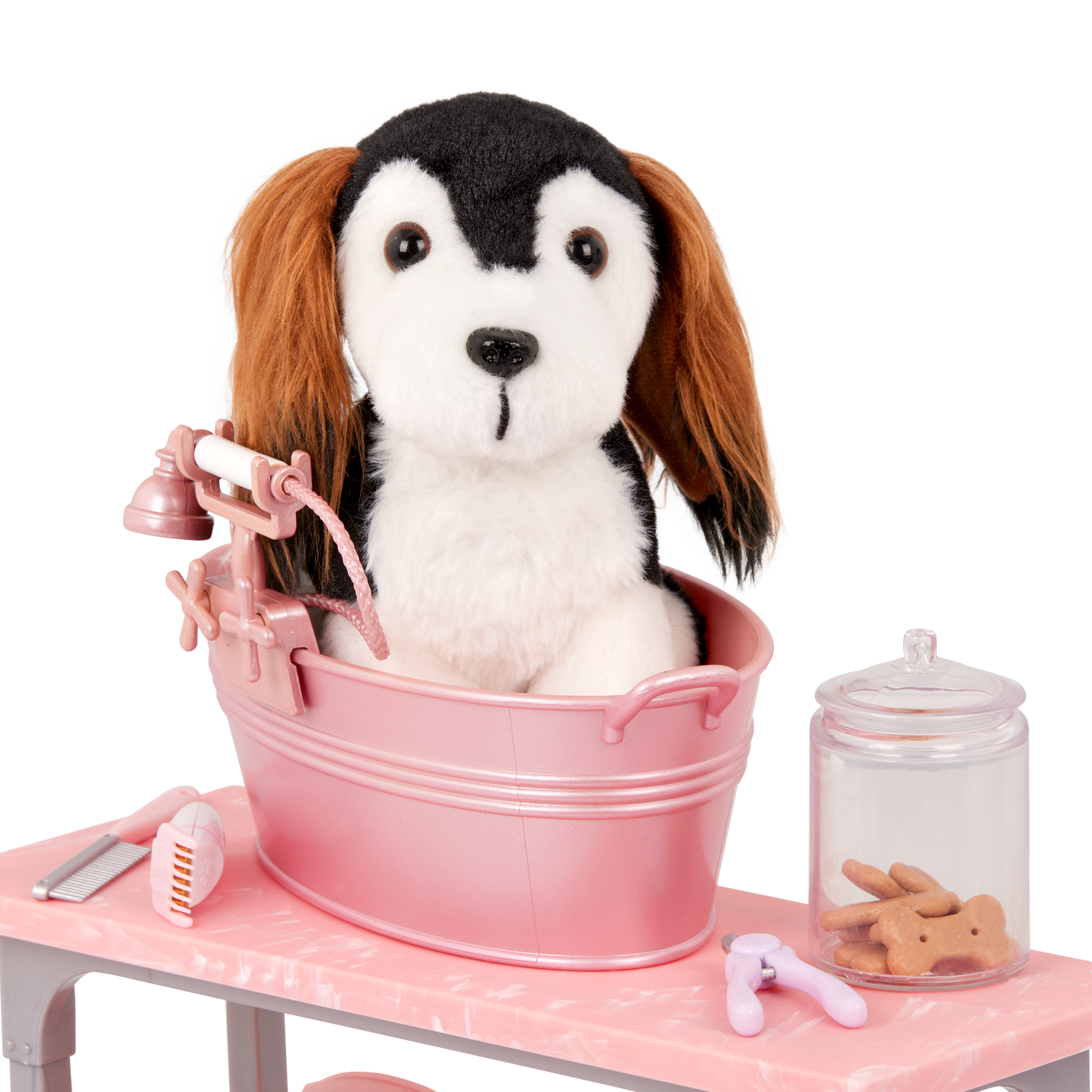 Our Generation Scrub and Style Pet Grooming Kit for 18-inch dolls including table, dryer, wash basin, dog treats and bath and grooming items