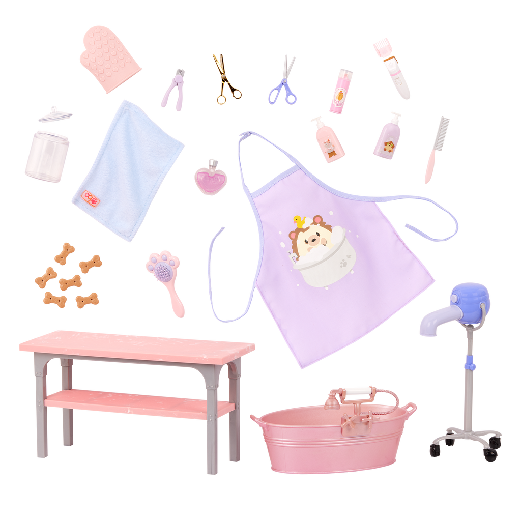 Our Generation Scrub and Style Pet Grooming Kit for 18-inch dolls including table, dryer, wash basin, dog treats and bath and grooming items