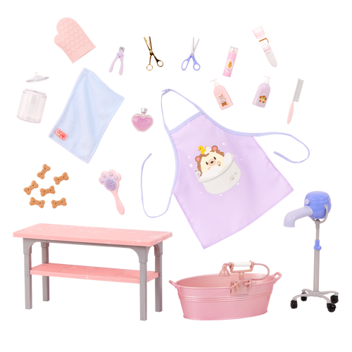 Our Generation Scrub and Style Pet Grooming Kit for 18-inch dolls including table, dryer, wash basin, dog treats and bath and grooming items