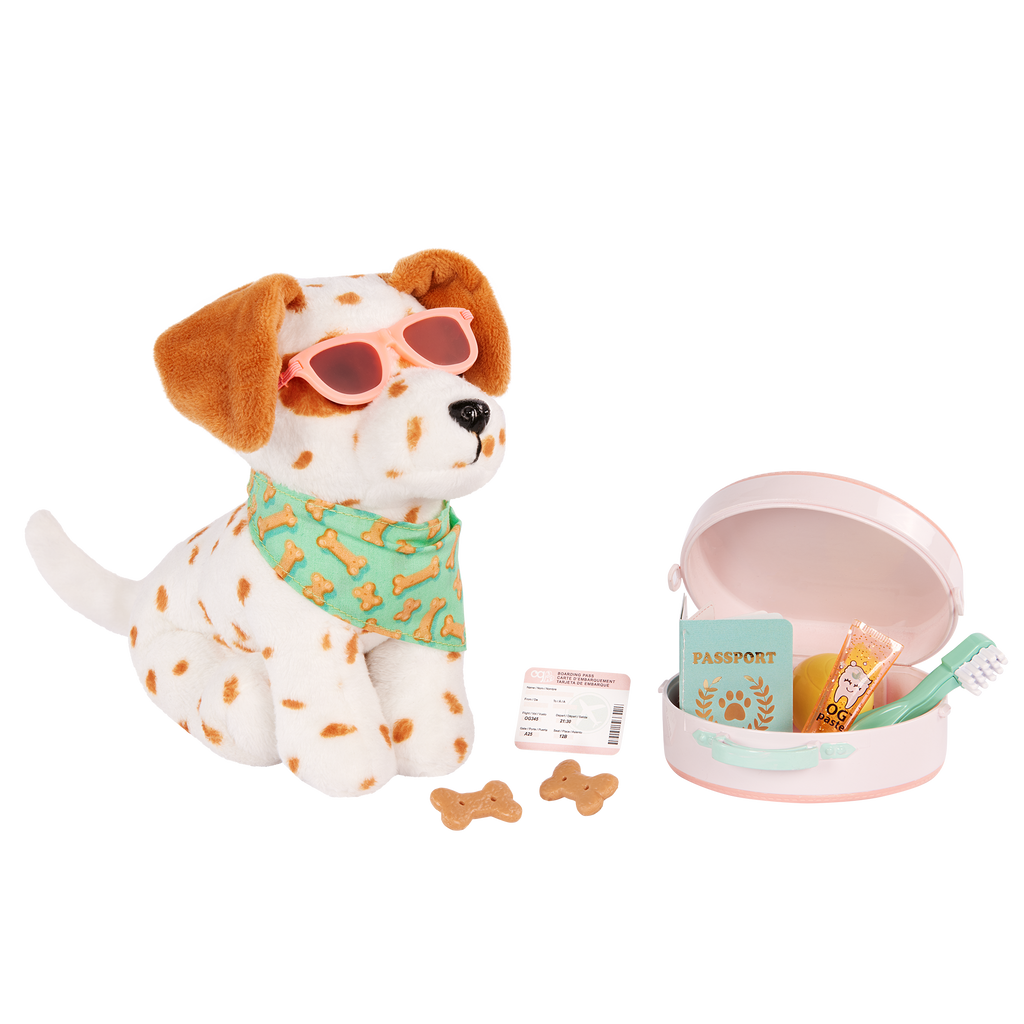 Our Generation Vacay Poseable Dalmatian Plush Dog and accessories including passport, sunglasses, travel items and carry case for accessories