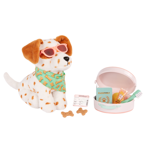 Our Generation Vacay Poseable Dalmatian Plush Dog and accessories including passport, sunglasses, travel items and carry case for accessories