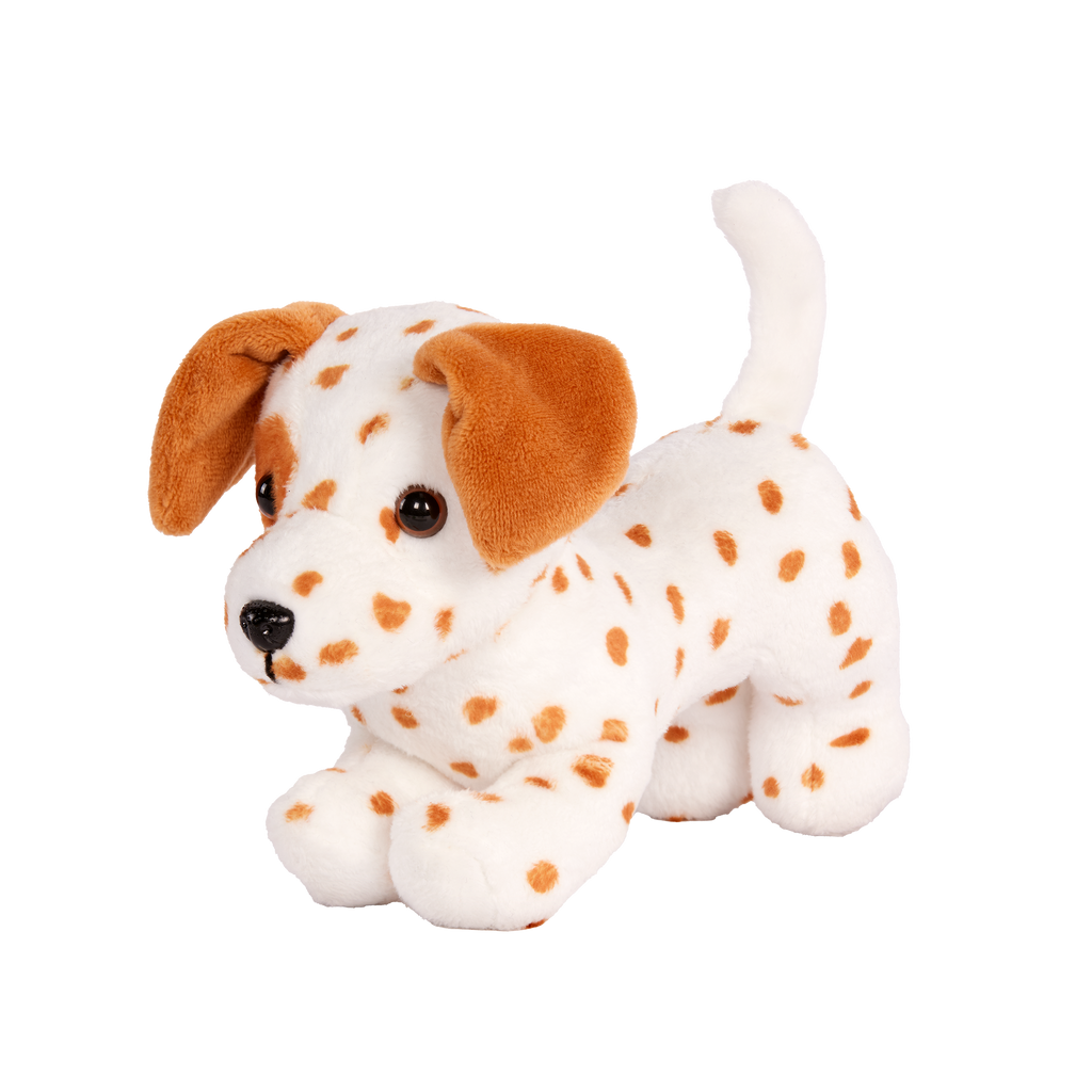 Our Generation Vacay Poseable Dalmatian Plush Dog and accessories including passport, sunglasses, travel items and carry case for accessories