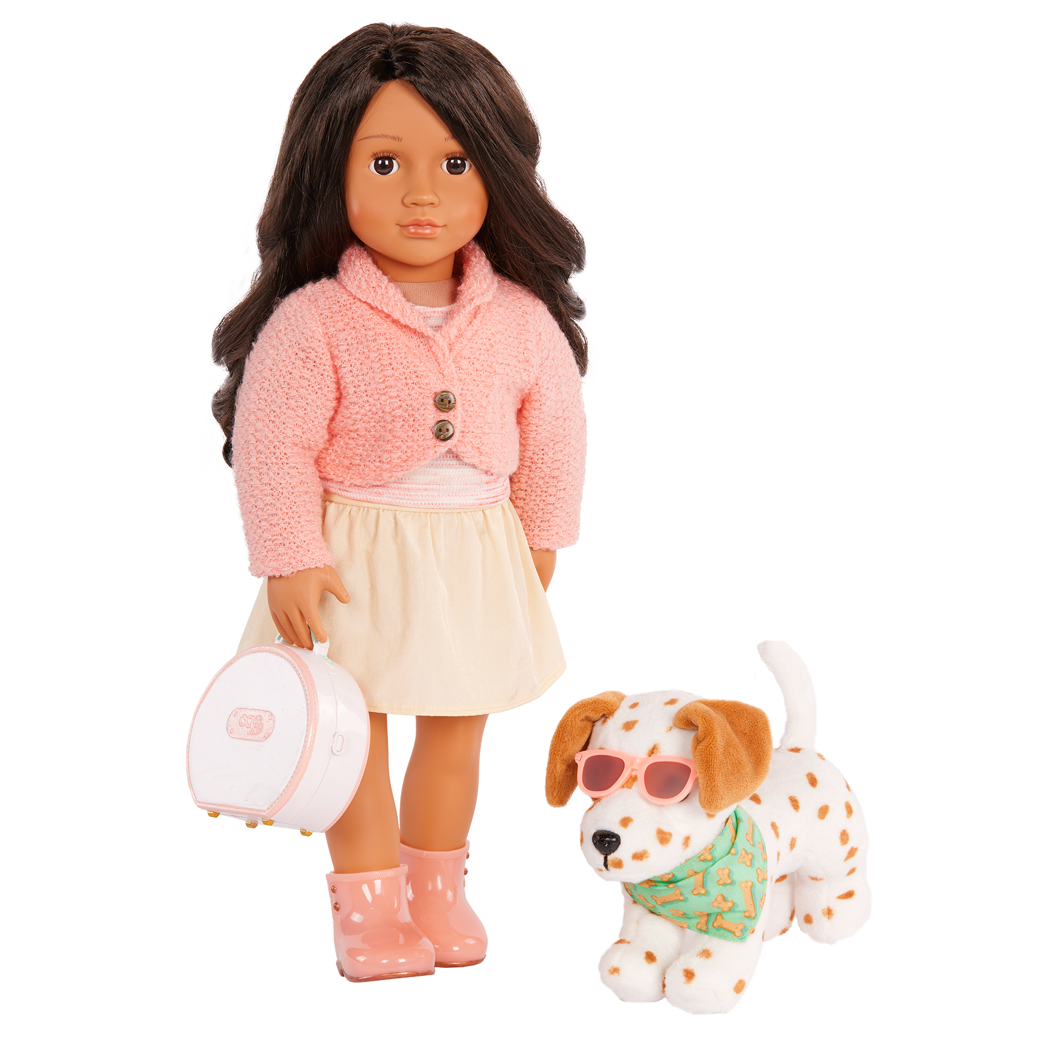 Our Generation Vacay Poseable Dalmatian Plush Dog and accessories including passport, sunglasses, travel items and carry case for accessories