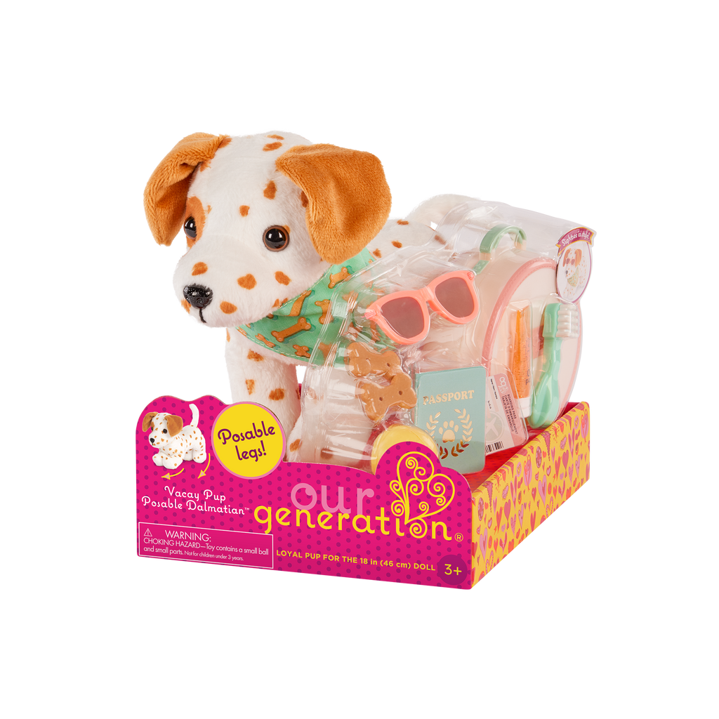 Our Generation Vacay Poseable Dalmatian Plush Dog and accessories including passport, sunglasses, travel items and carry case for accessories