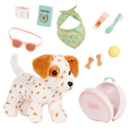 Our Generation Vacay Poseable Dalmatian Plush Dog and accessories including passport, sunglasses, travel items and carry case for accessories