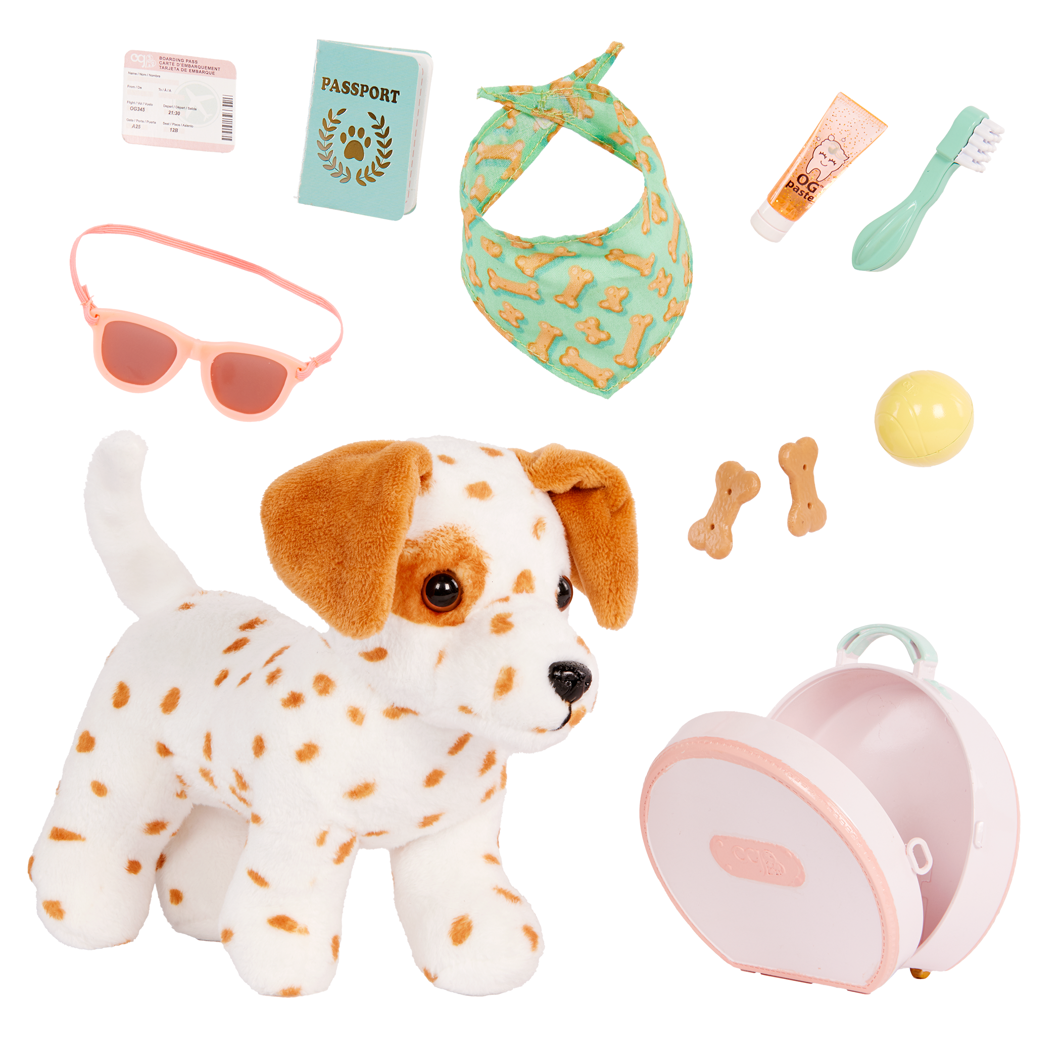 Our Generation Vacay Poseable Dalmatian Plush Dog and accessories including passport, sunglasses, travel items and carry case for accessories