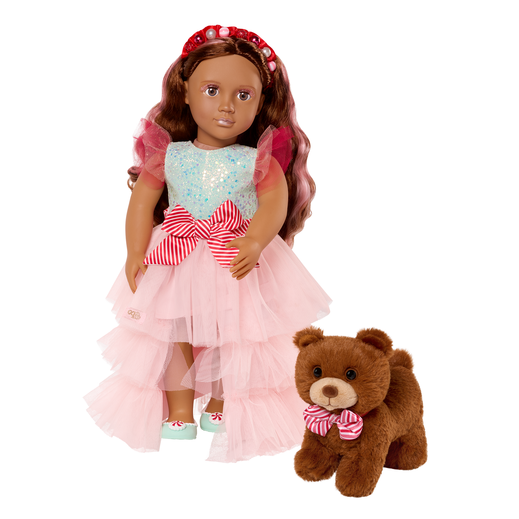 Our Generation Peppermint Holiday Bear Plushie with Bow Accessory