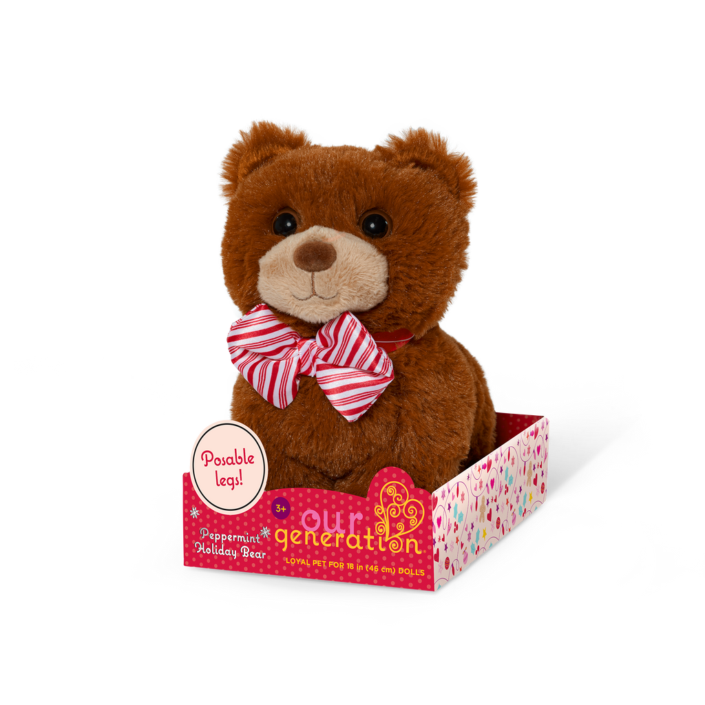 Our Generation Peppermint Holiday Bear Plushie with Bow Accessory