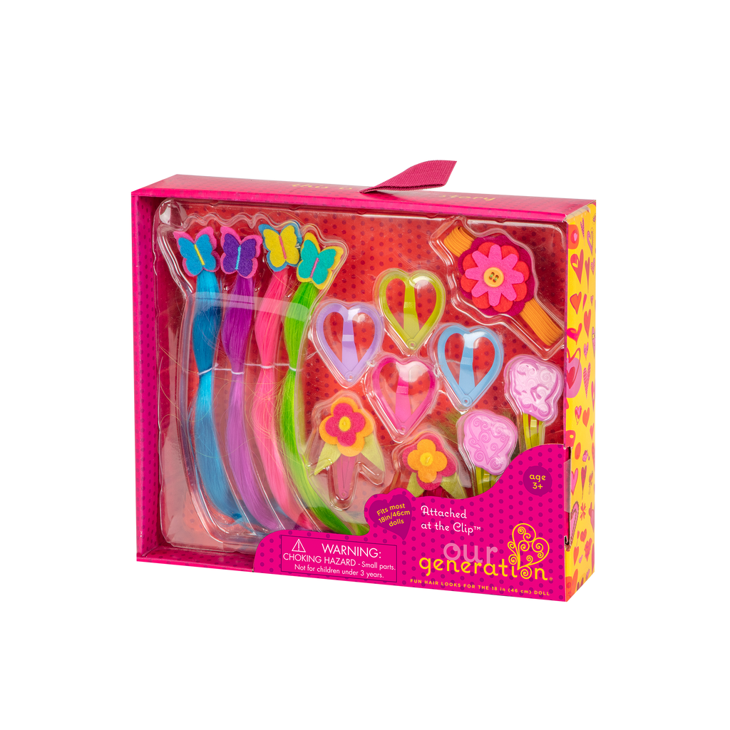 Two 18-inch dolls with colorful hair accessories