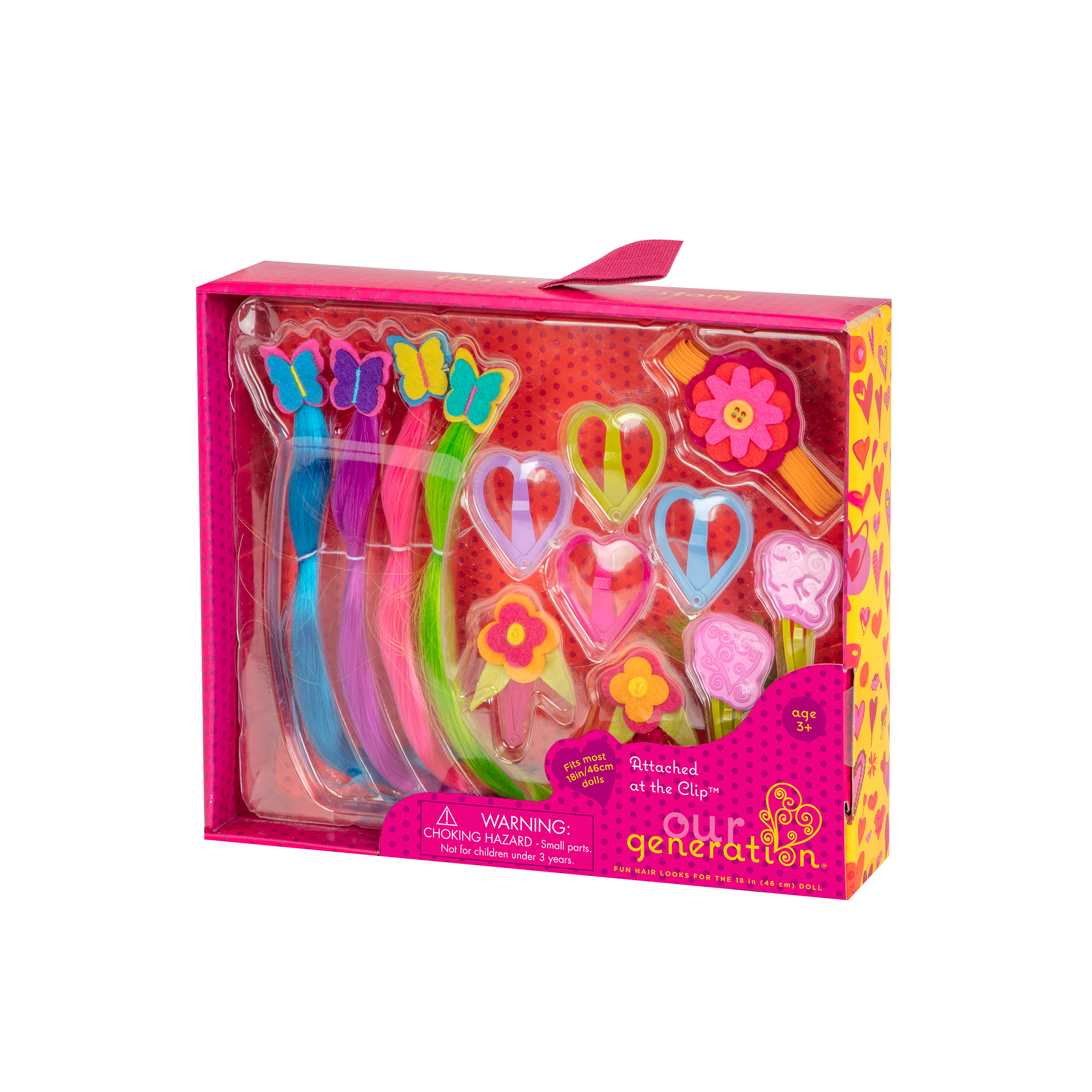 Two 18-inch dolls with colorful hair accessories