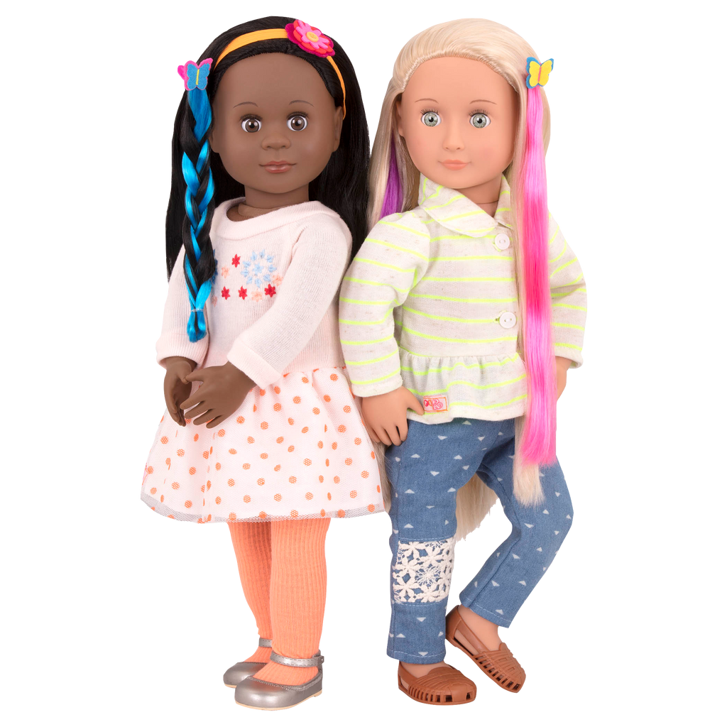 Two 18-inch dolls with colorful hair accessories