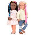 Two 18-inch dolls with colorful hair accessories