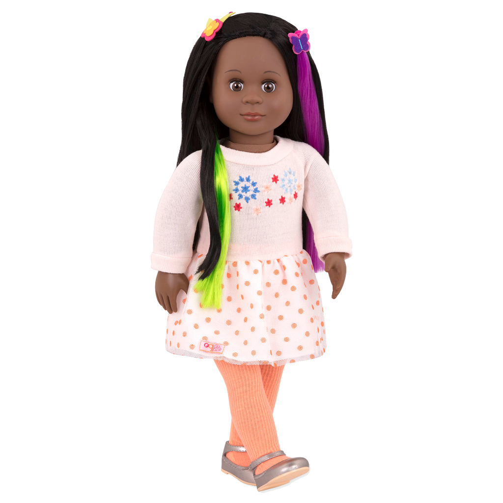 Two 18-inch dolls with colorful hair accessories