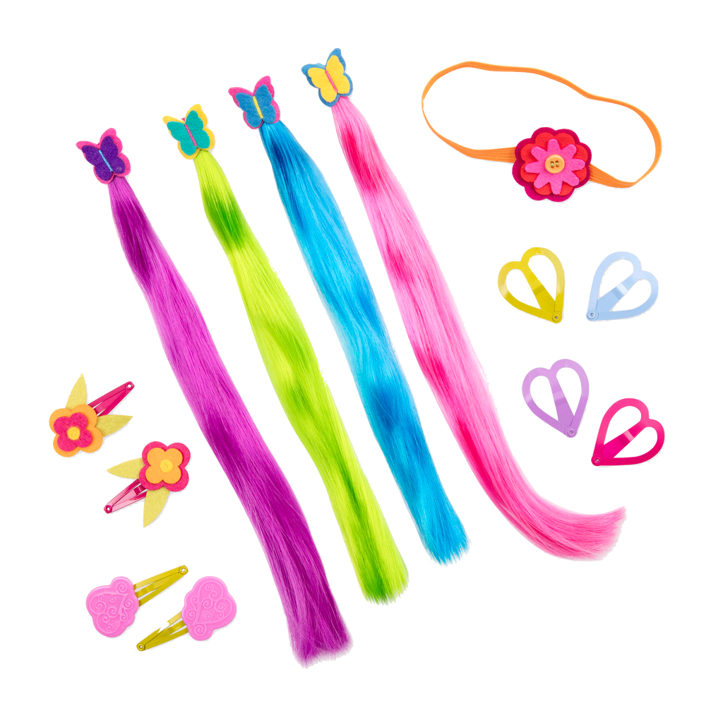 Two 18-inch dolls with colorful hair accessories