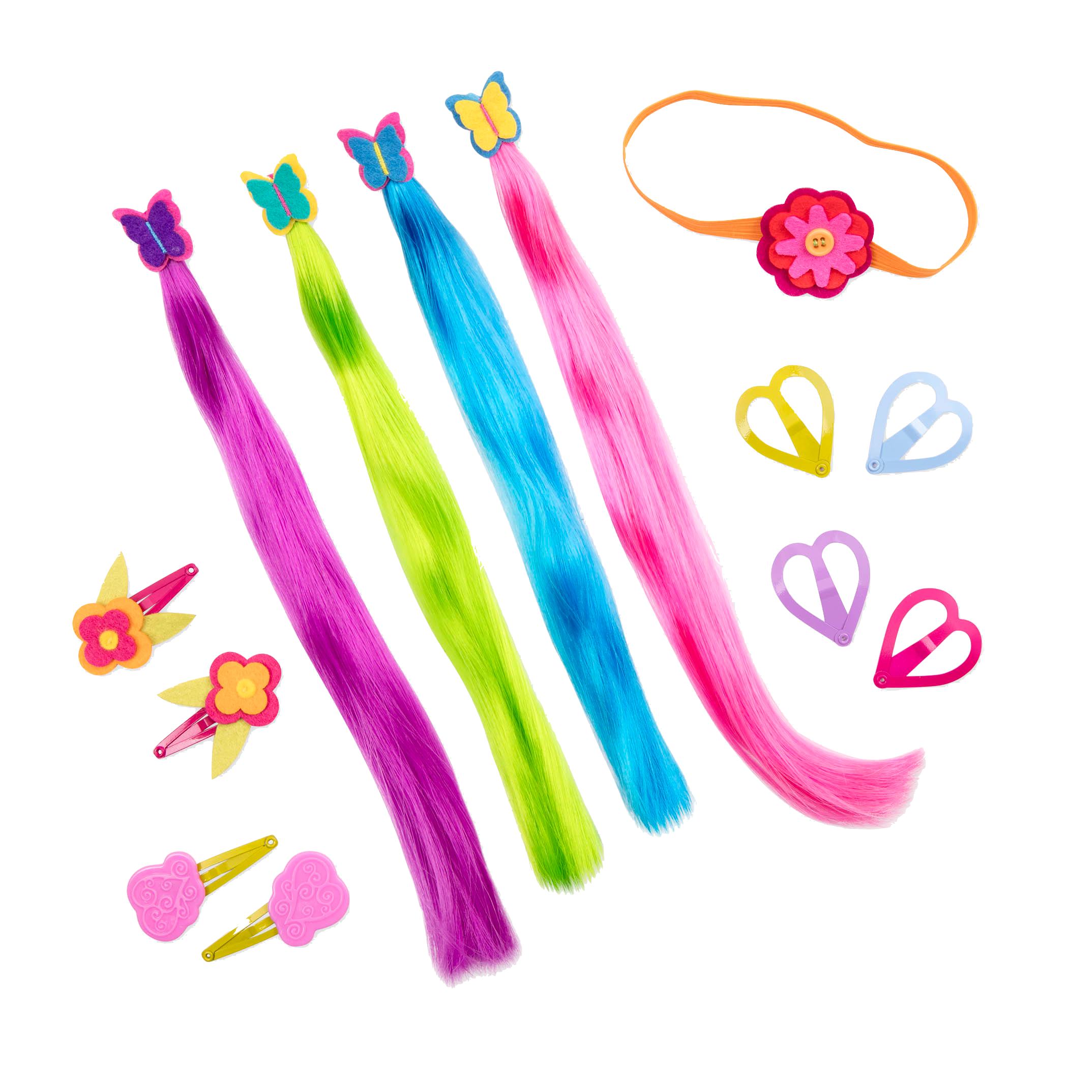 Two 18-inch dolls with colorful hair accessories