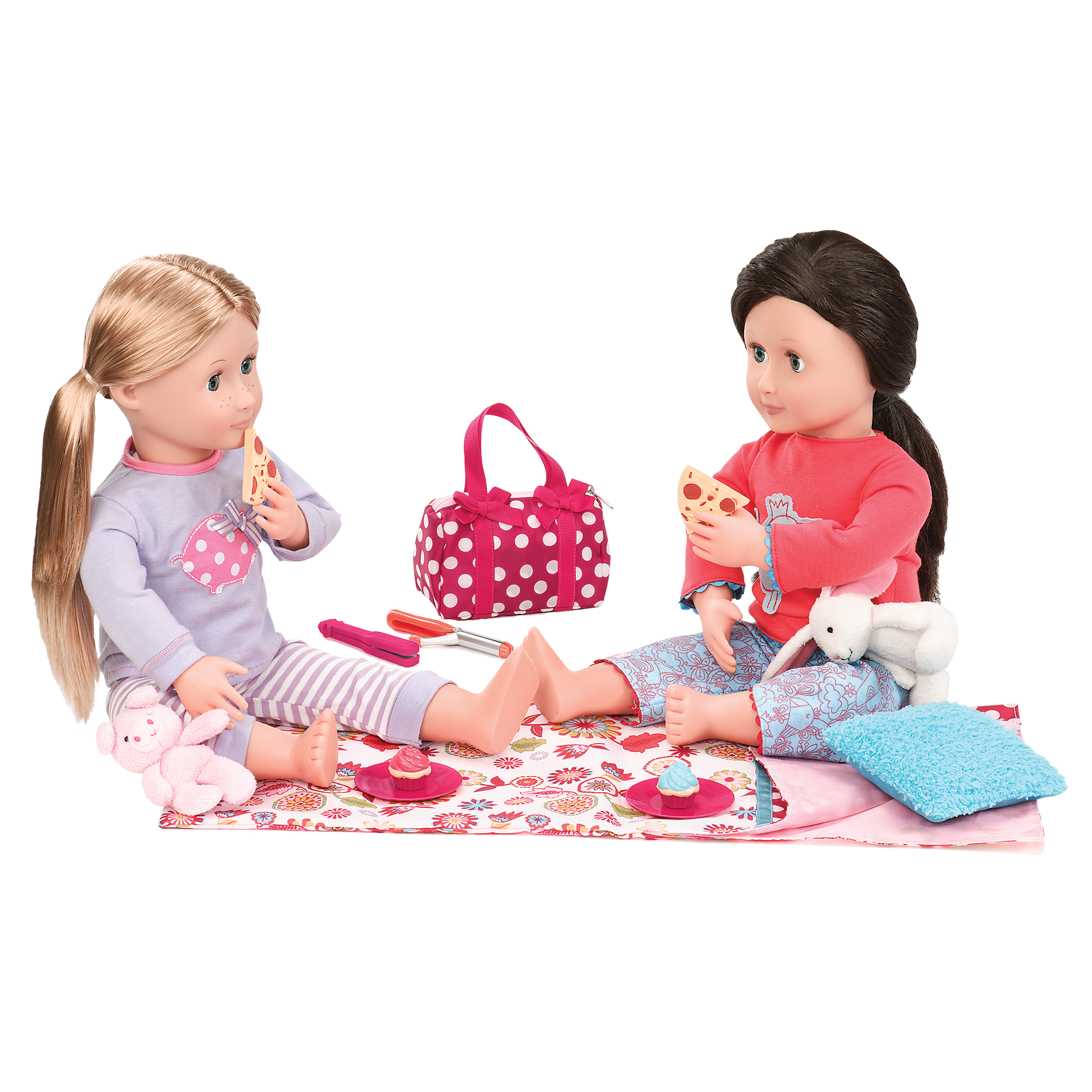 Two 18-inch dolls using sleepover playset