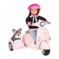Sabina and Pup riding in Ride Along Scooter with Sidecar
