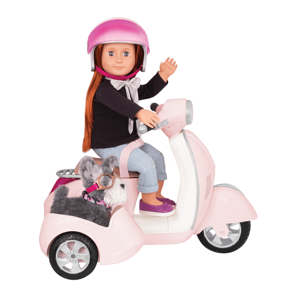 Sabina and Pup riding in Ride Along Scooter with Sidecar