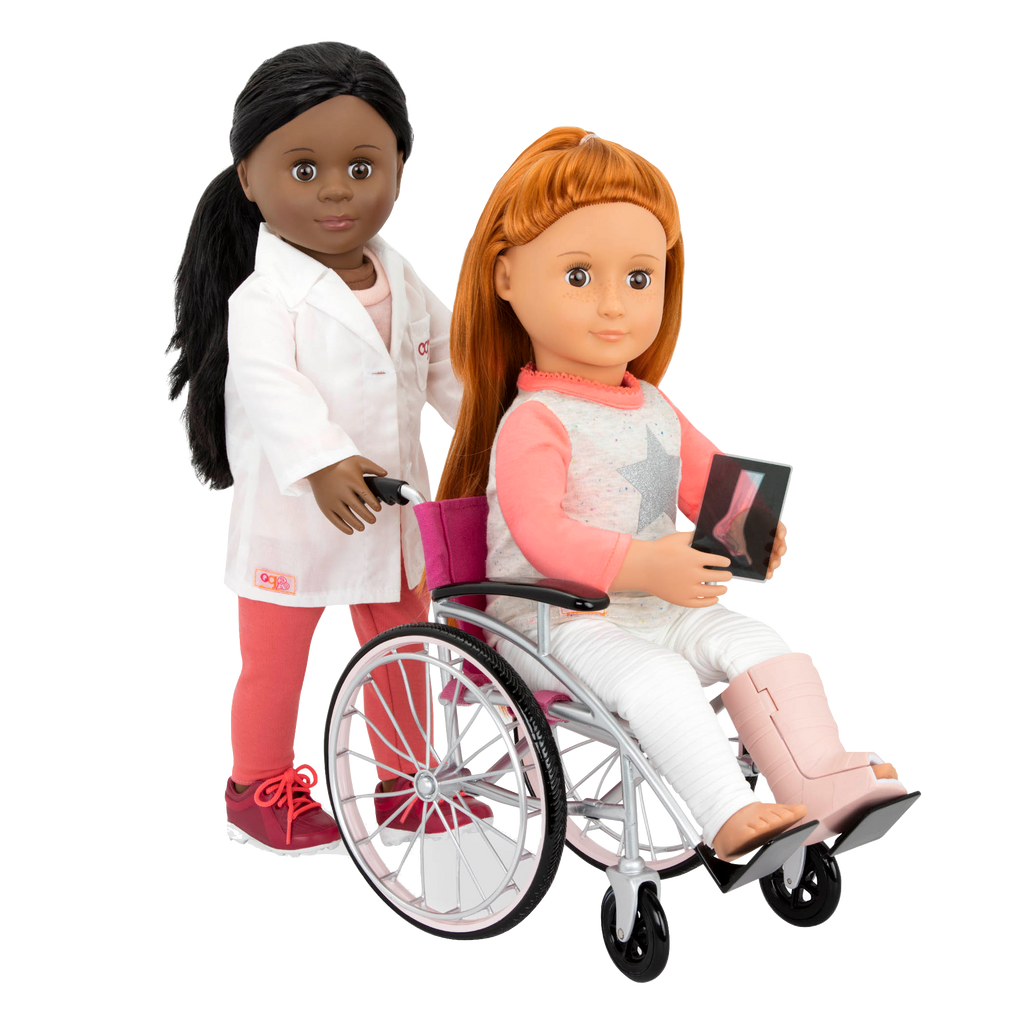 18-inch doll using medical playset and wheelchair