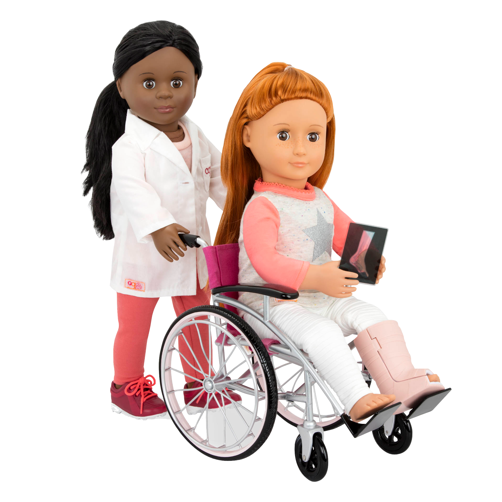 18-inch doll using medical playset and wheelchair