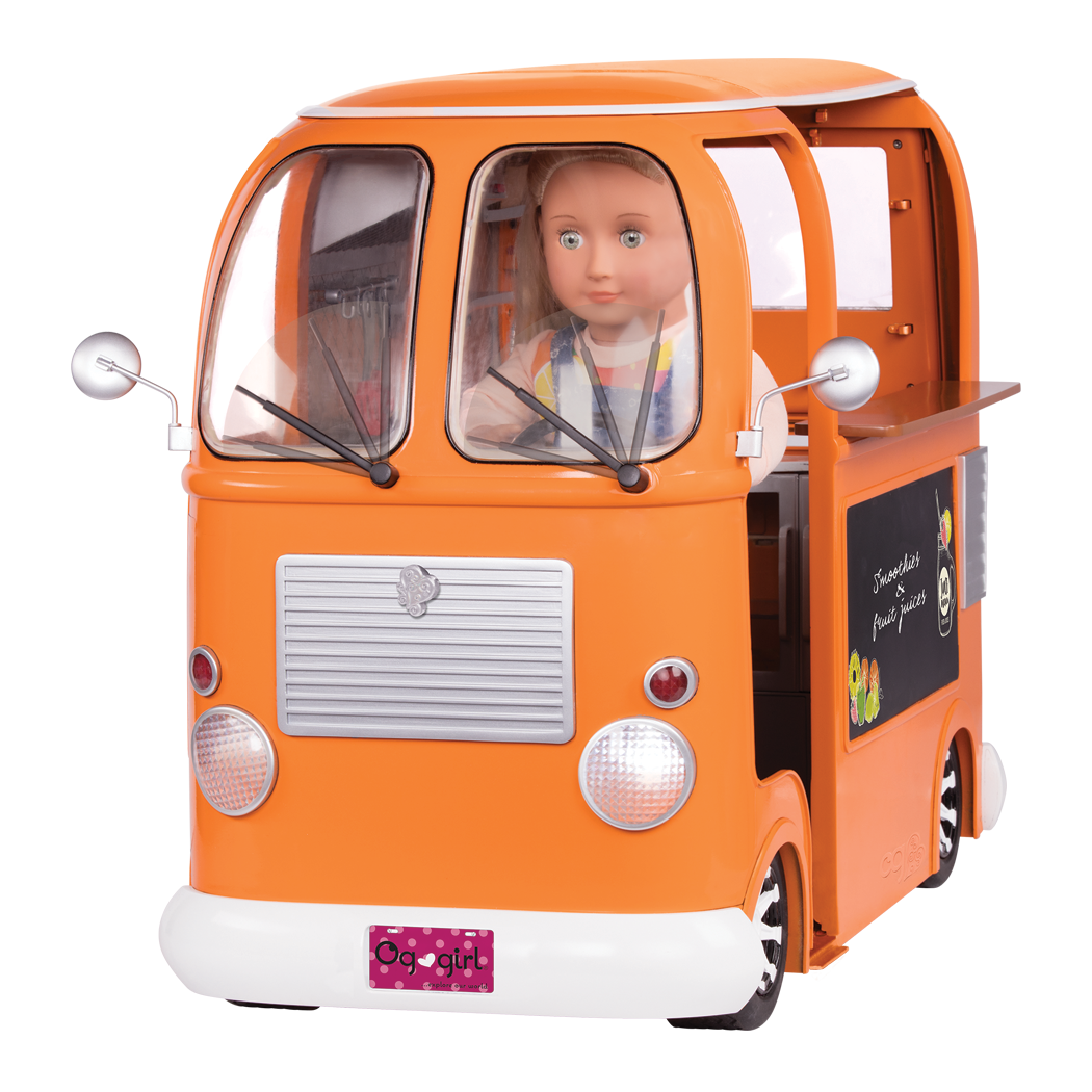 Three 18-inch dolls with toy food truck