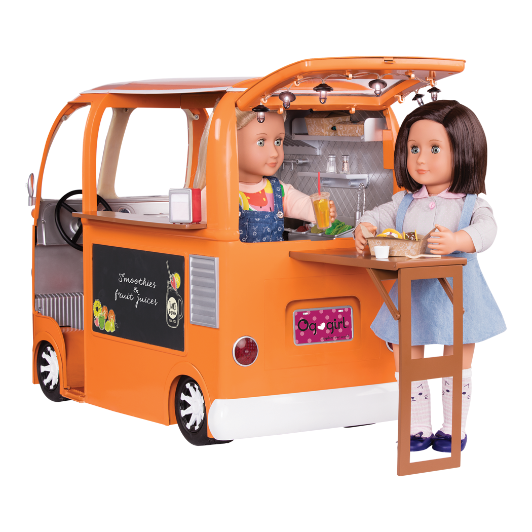 Three 18-inch dolls with toy food truck