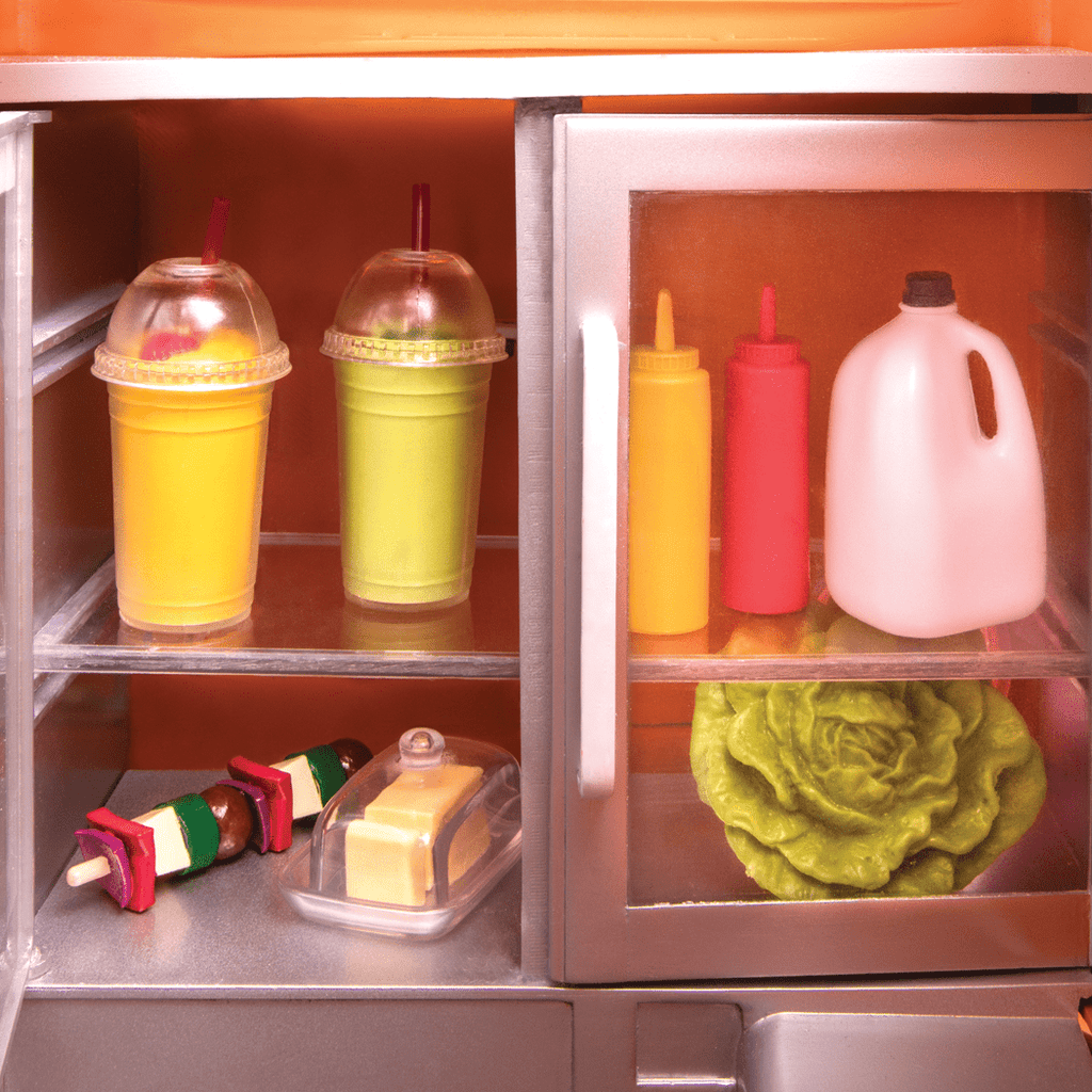 Three 18-inch dolls with toy food truck