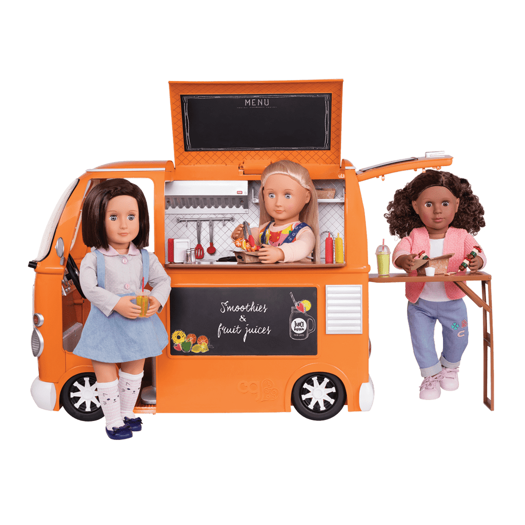Three 18-inch dolls with toy food truck