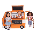 Three 18-inch dolls with toy food truck