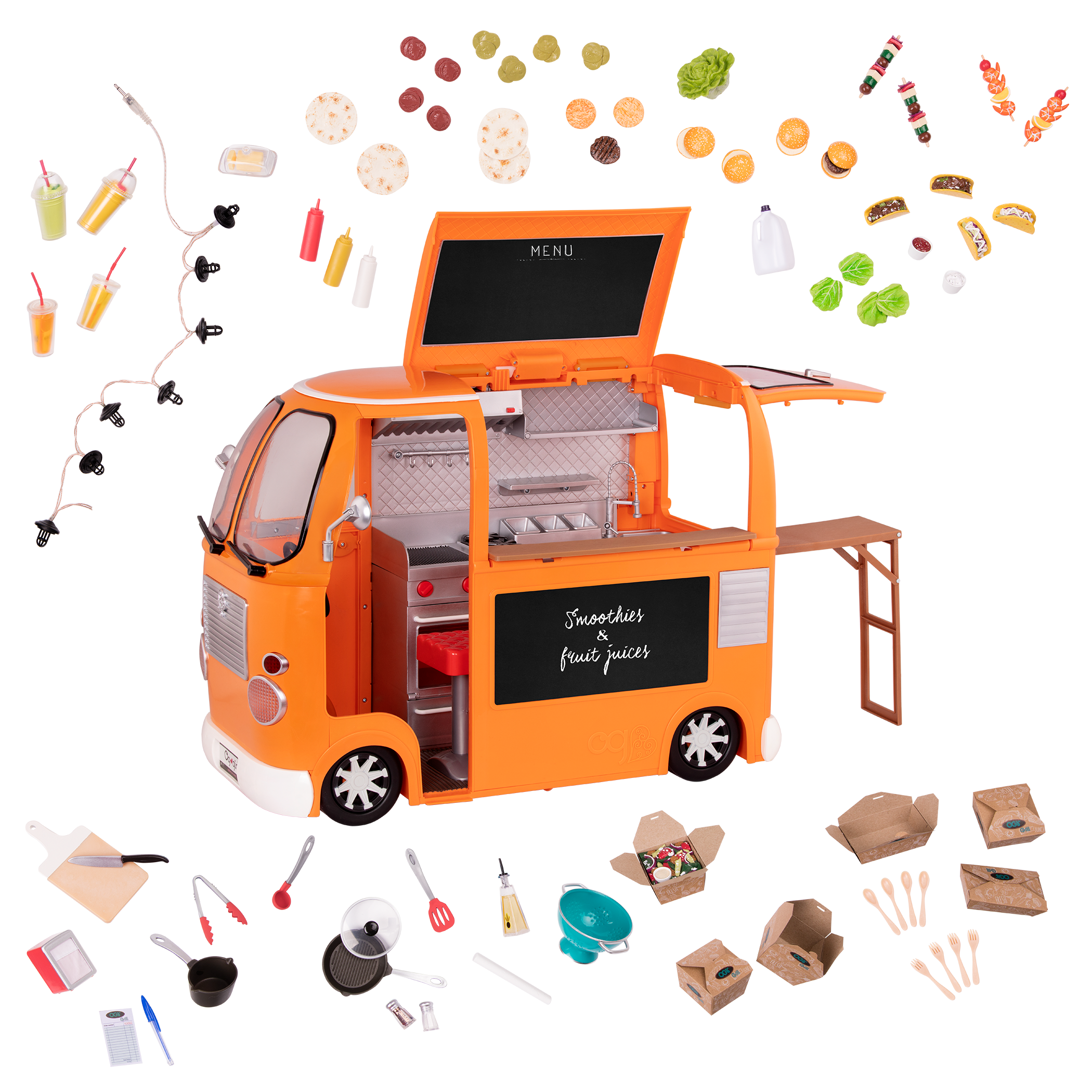 Three 18-inch dolls with toy food truck