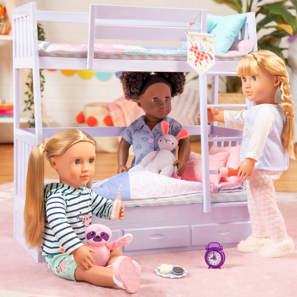 Sloth-themed pajamas with sloth plushie and alarm clock for 18-inch doll