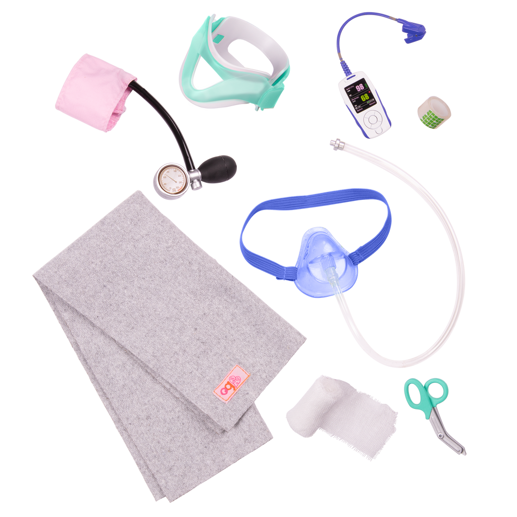 Two 18-inch dolls using ambulance gurney