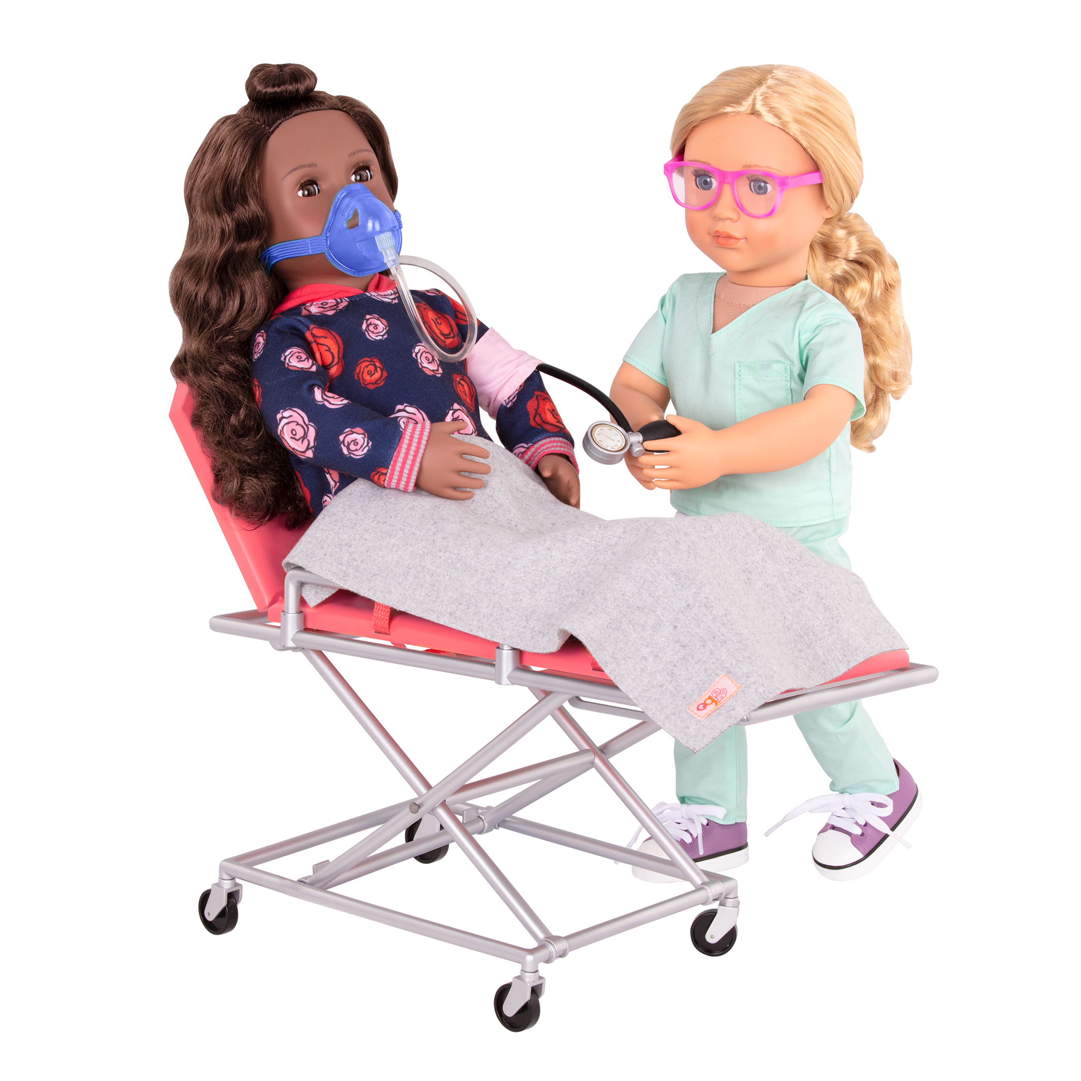 Two 18-inch dolls using ambulance gurney