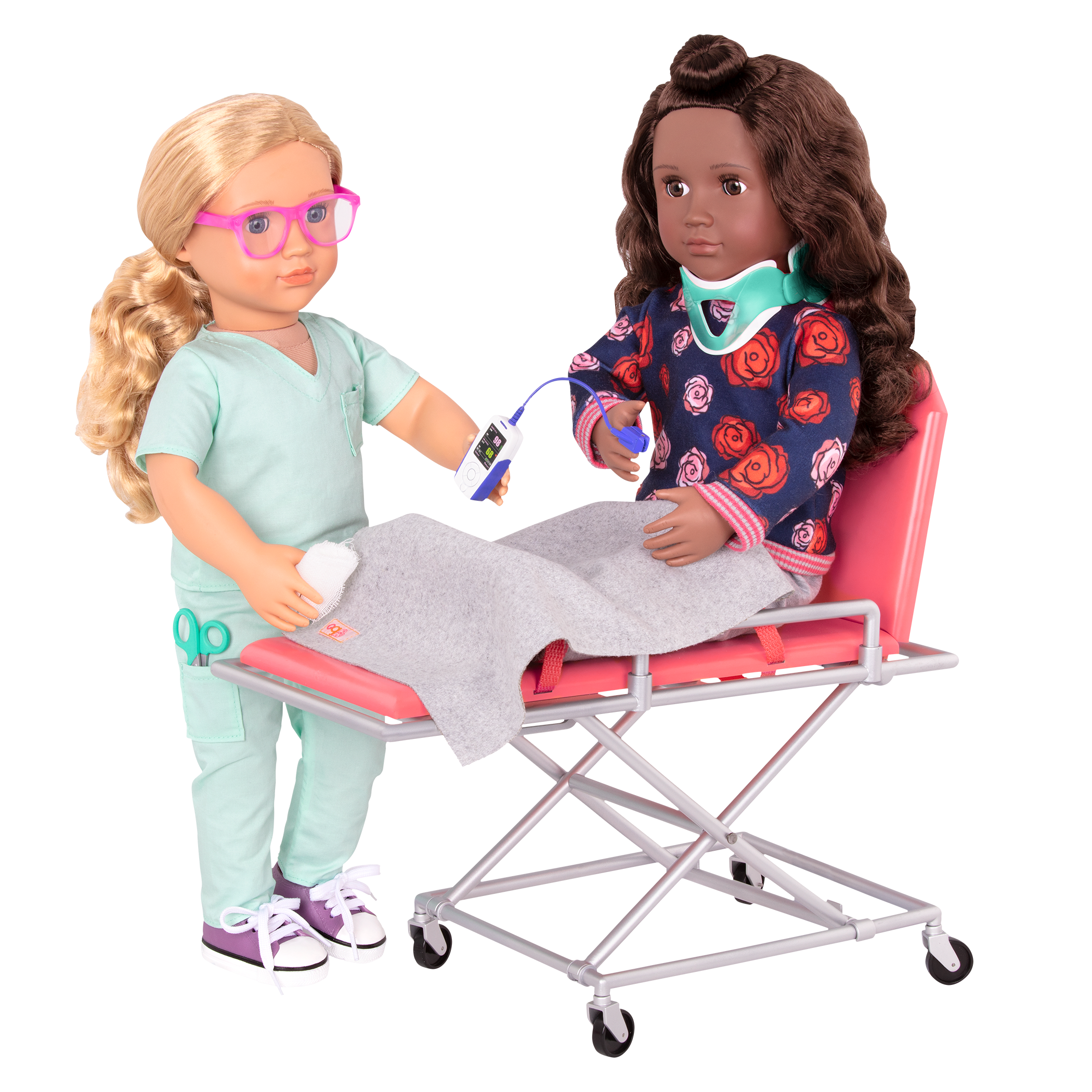Two 18-inch dolls using ambulance gurney