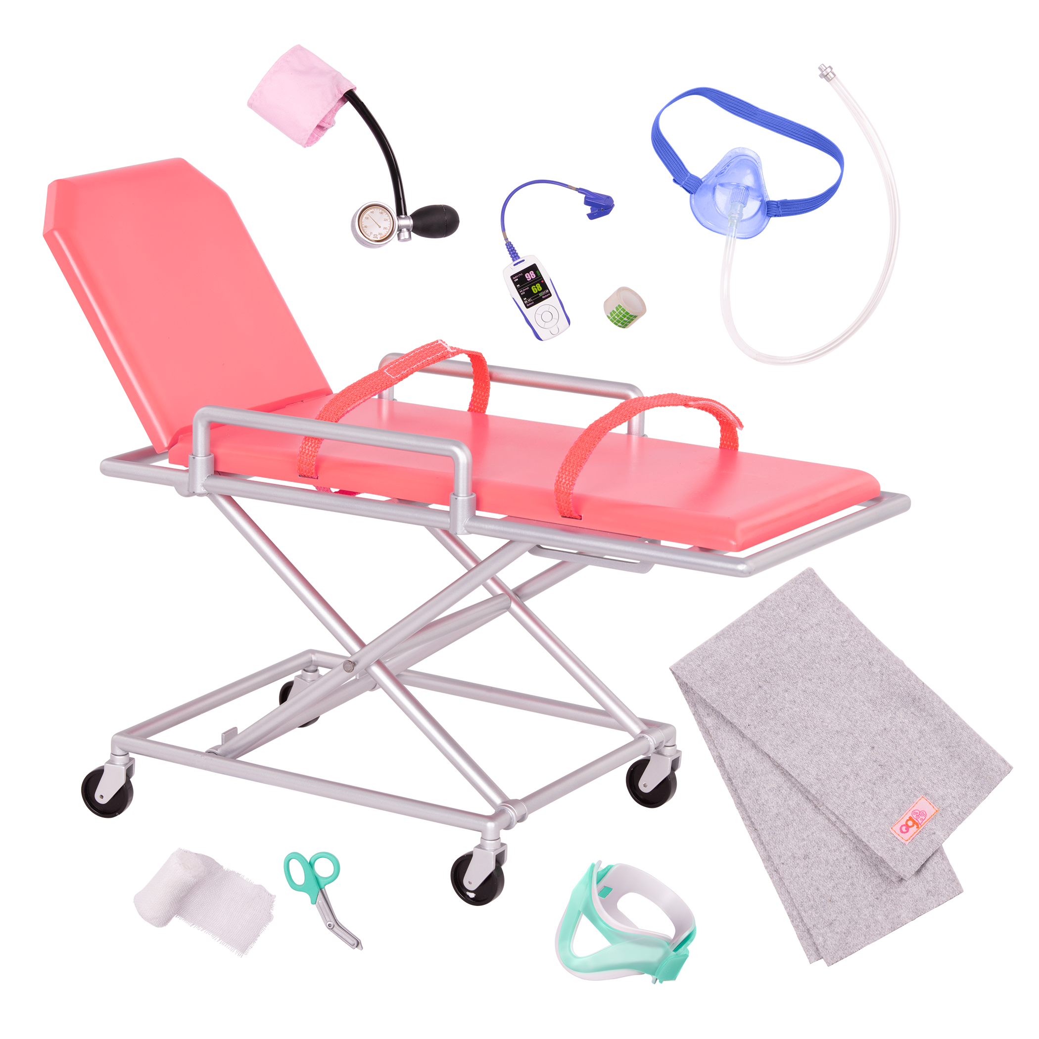 Two 18-inch dolls using ambulance gurney