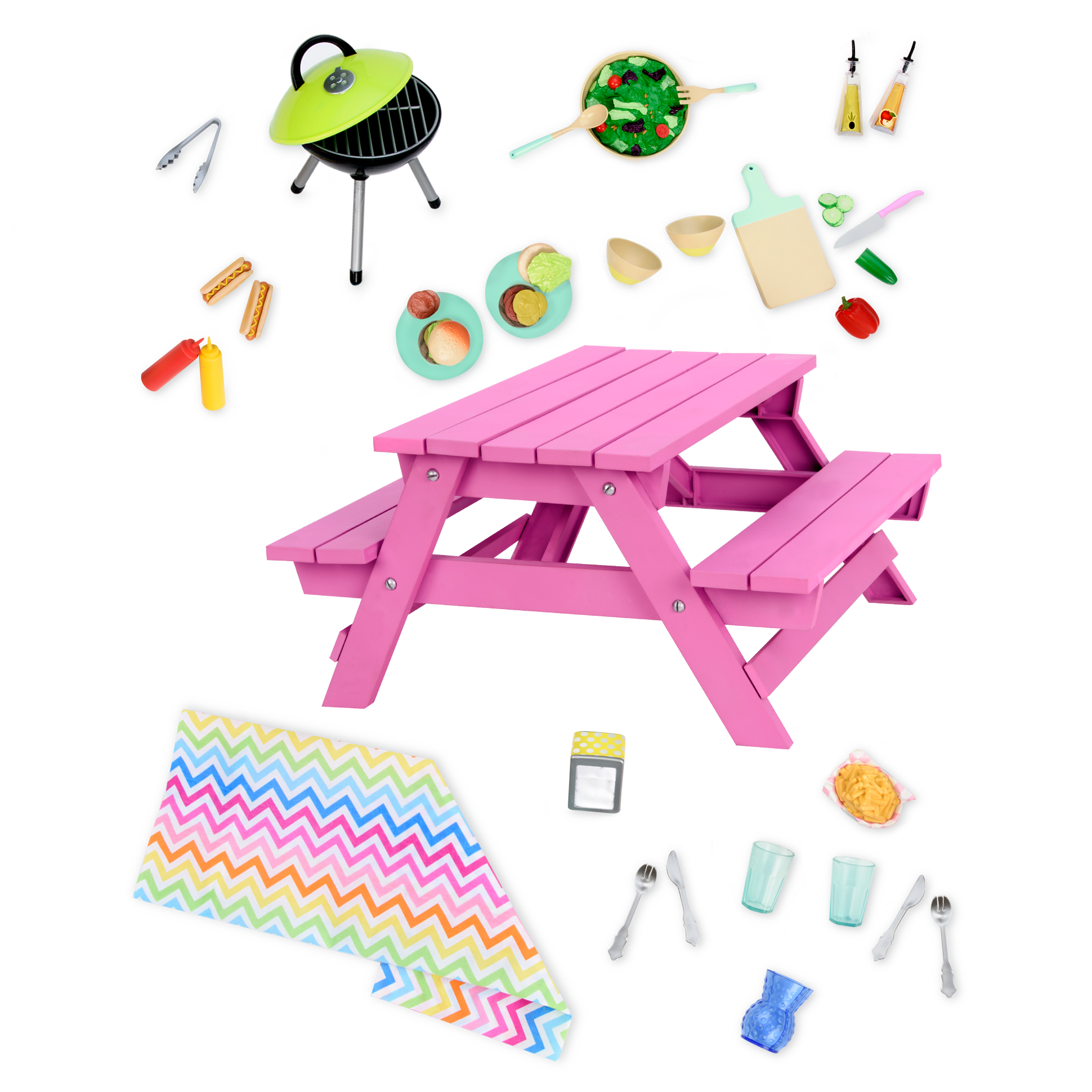 Two 18-inch dolls with picnic table playset