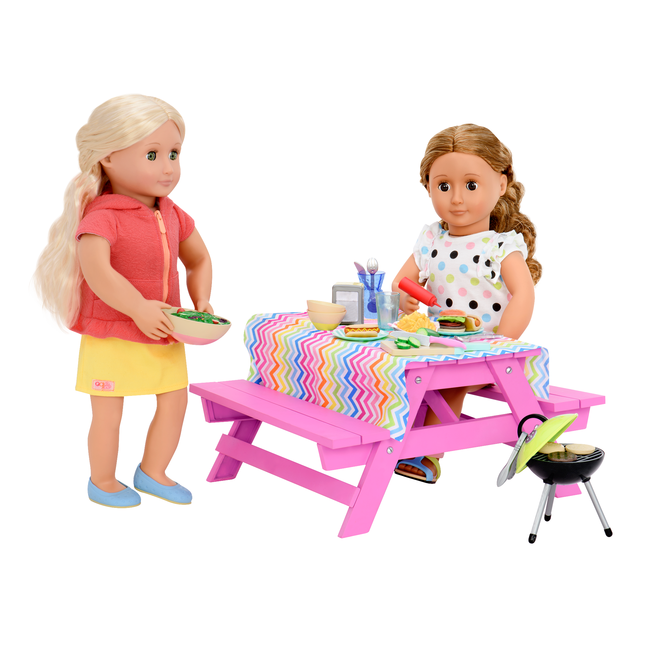 Two 18-inch dolls with picnic table playset